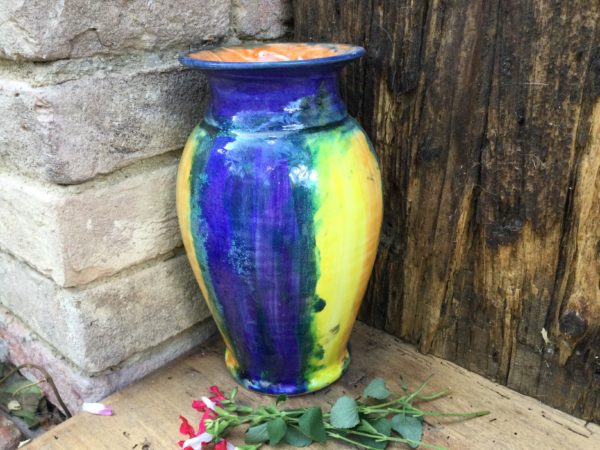 Small Vase, for Flowers,blue and yellow stripes, hand made ,hand painted from Luka
